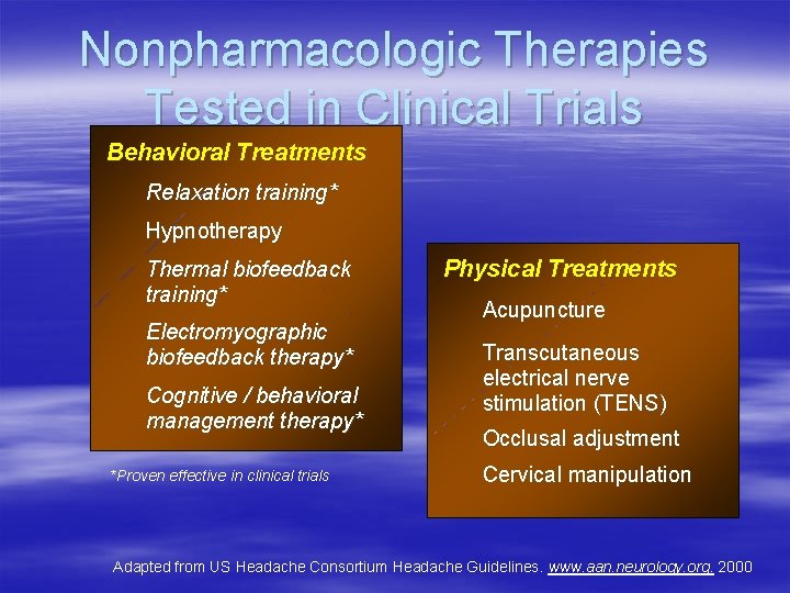 Nonpharmacologic Therapies Tested in Clinical Trials Behavioral Treatments Relaxation training* Hypnotherapy Thermal biofeedback training*