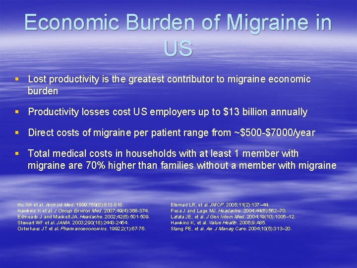 Economic Burden of Migraine in US § Lost productivity is the greatest contributor to