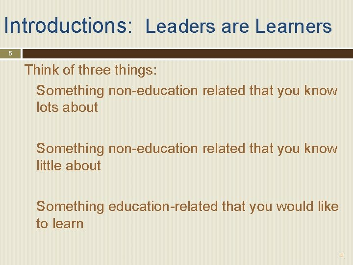 Introductions: Leaders are Learners 5 Think of three things: Something non-education related that you