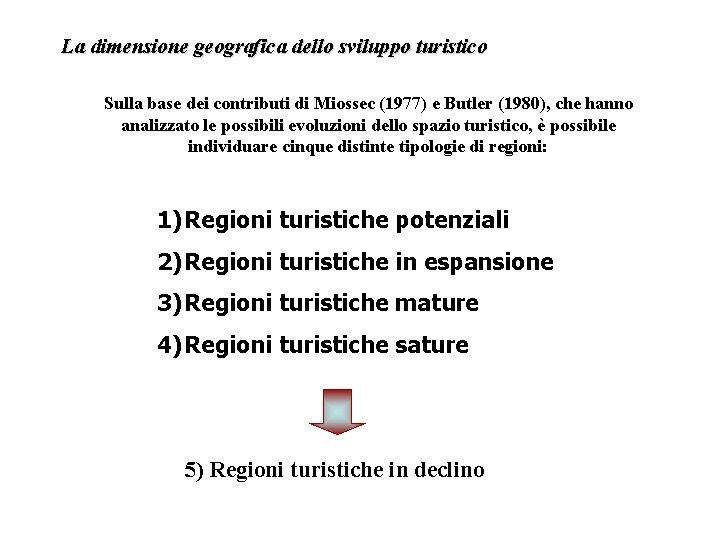 La dimensione geografica dello sviluppo turistico Sulla base dei contributi di Miossec (1977) e