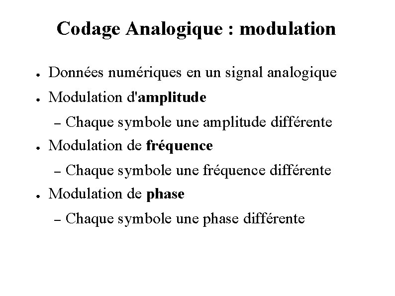 Codage Analogique : modulation ● Données numériques en un signal analogique ● Modulation d'amplitude