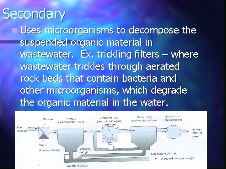 Secondary n Uses microorganisms to decompose the suspended organic material in wastewater. Ex. trickling