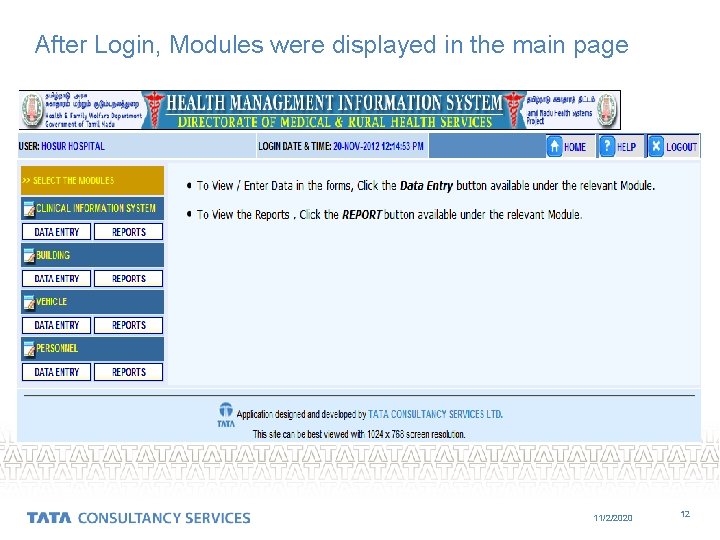 After Login, Modules were displayed in the main page 11/2/2020 12 