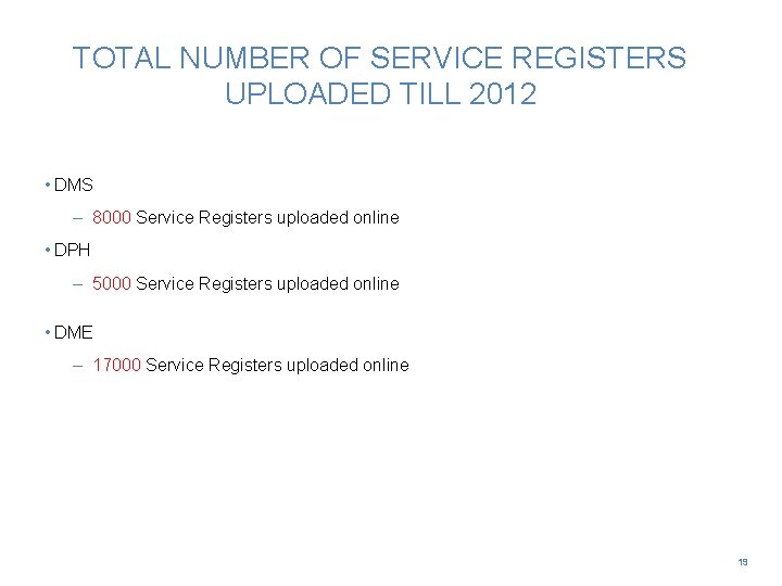 TOTAL NUMBER OF SERVICE REGISTERS UPLOADED TILL 2012 • DMS – 8000 Service Registers