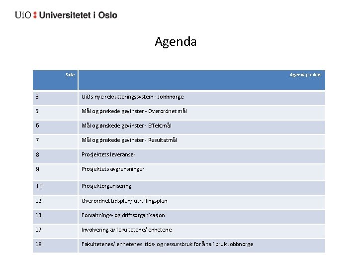 Agenda Side Agendapunkter 3 Ui. Os nye rekrutteringssystem - Jobbnorge 5 Mål og ønskede