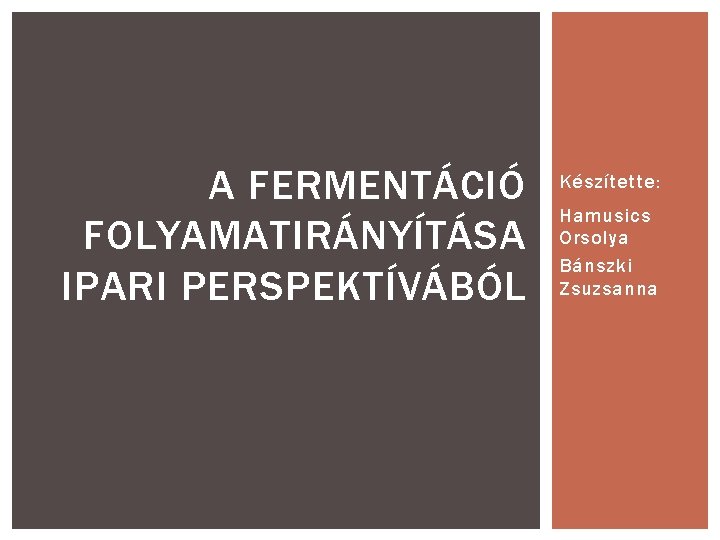 A FERMENTÁCIÓ FOLYAMATIRÁNYÍTÁSA IPARI PERSPEKTÍVÁBÓL Készítette: Hamusics Orsolya Bánszki Zsuzsanna 