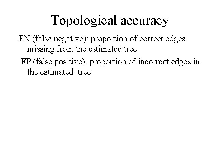 Topological accuracy FN (false negative): proportion of correct edges missing from the estimated tree