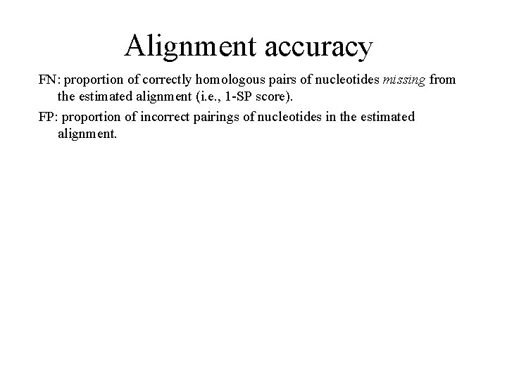 Alignment accuracy FN: proportion of correctly homologous pairs of nucleotides missing from the estimated