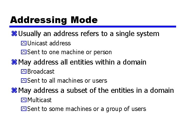 Addressing Mode z Usually an address refers to a single system y. Unicast address