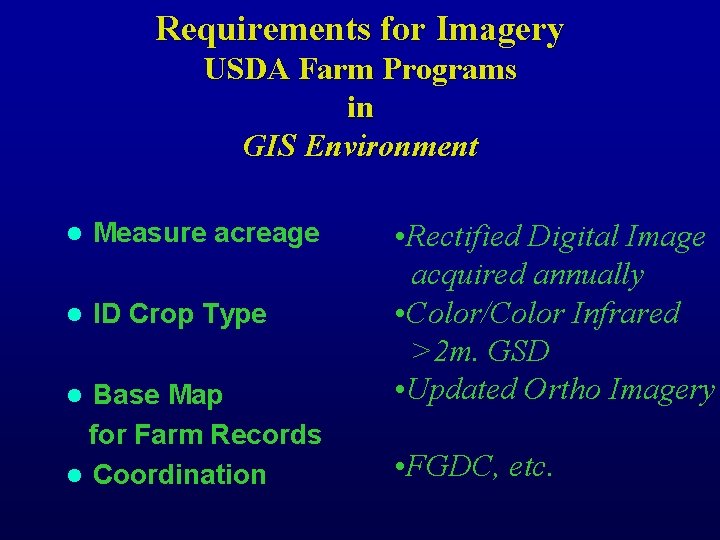 Requirements for Imagery USDA Farm Programs in GIS Environment l Measure acreage l ID