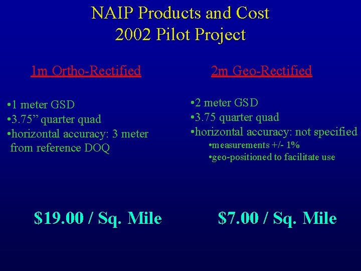 NAIP Products and Cost 2002 Pilot Project 1 m Ortho-Rectified • 1 meter GSD