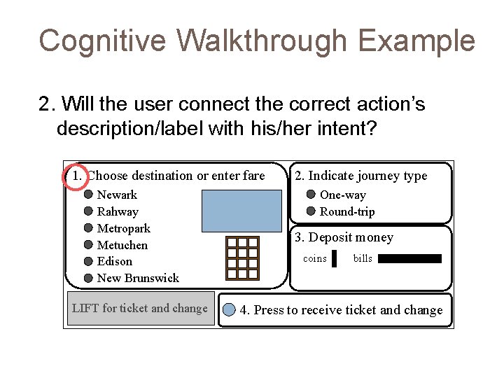 Cognitive Walkthrough Example 2. Will the user connect the correct action’s description/label with his/her