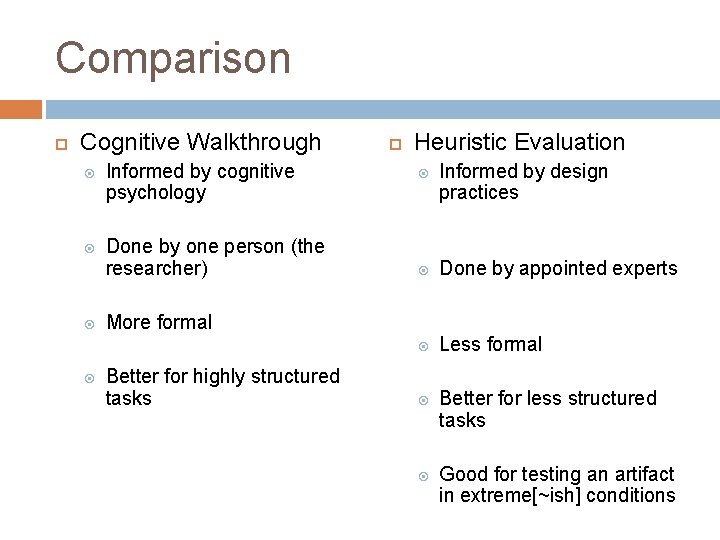 Comparison Cognitive Walkthrough Informed by cognitive psychology Done by one person (the researcher) Heuristic