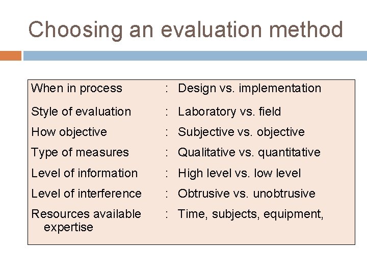 Choosing an evaluation method When in process : Design vs. implementation Style of evaluation