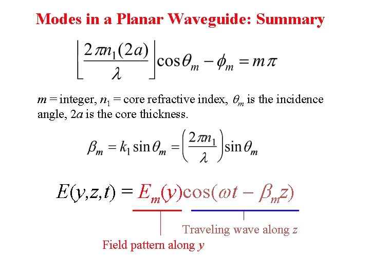 Modes in a Planar Waveguide: Summary m = integer, n 1 = core refractive Modes in a Planar Waveguide: Summary m = integer, n 1 = core refractive