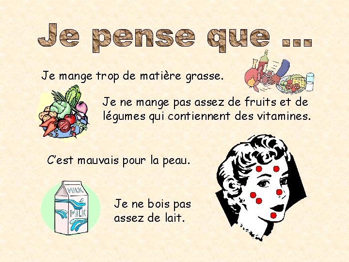 Je mange trop de matière grasse. Je ne mange pas assez de fruits et