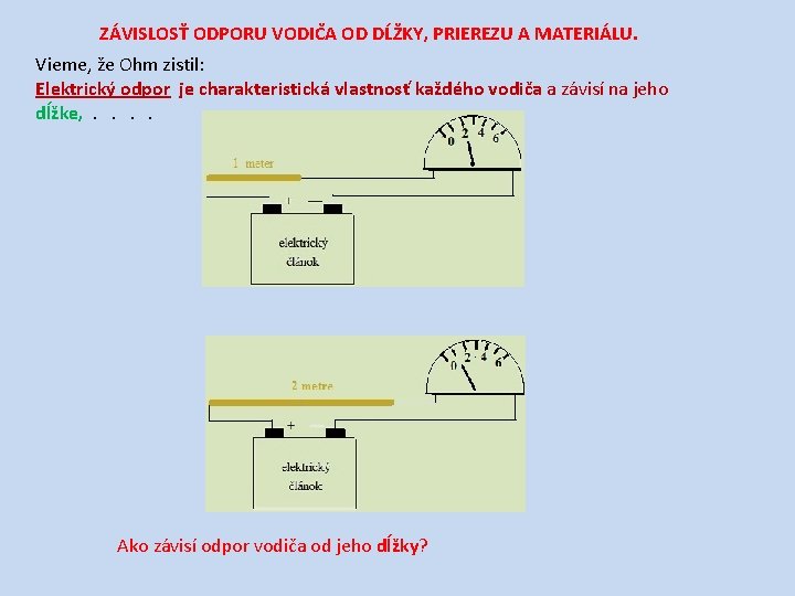 ZÁVISLOSŤ ODPORU VODIČA OD DĹŽKY, PRIEREZU A MATERIÁLU. Vieme, že Ohm zistil: Elektrický odpor ZÁVISLOSŤ ODPORU VODIČA OD DĹŽKY, PRIEREZU A MATERIÁLU. Vieme, že Ohm zistil: Elektrický odpor