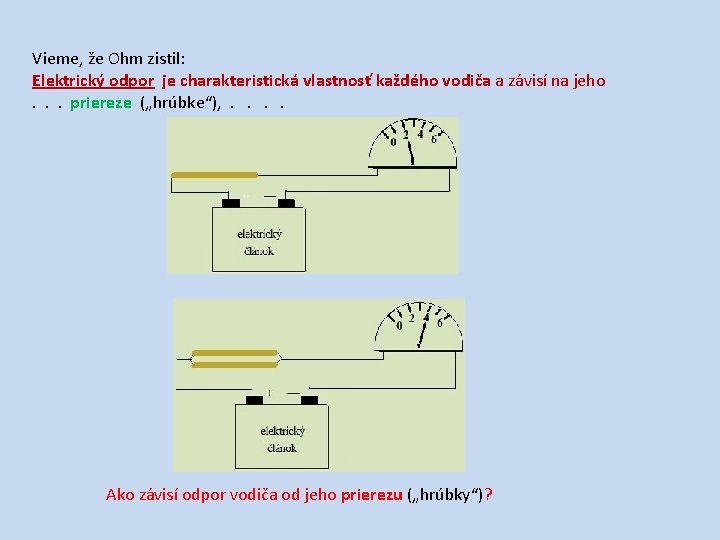 Vieme, že Ohm zistil: Elektrický odpor je charakteristická vlastnosť každého vodiča a závisí na Vieme, že Ohm zistil: Elektrický odpor je charakteristická vlastnosť každého vodiča a závisí na