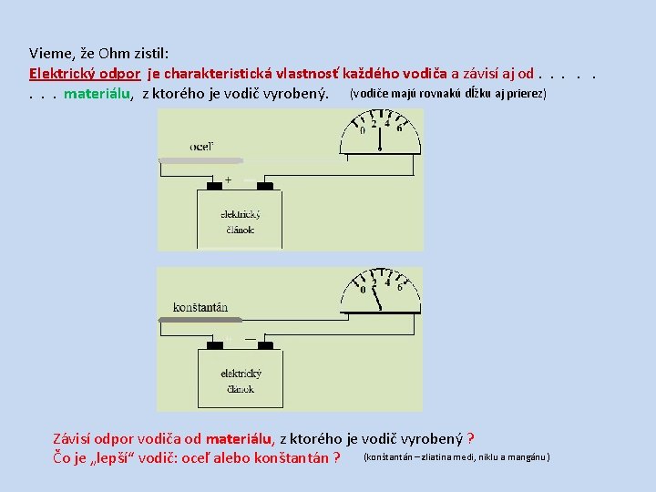 Vieme, že Ohm zistil: Elektrický odpor je charakteristická vlastnosť každého vodiča a závisí aj Vieme, že Ohm zistil: Elektrický odpor je charakteristická vlastnosť každého vodiča a závisí aj