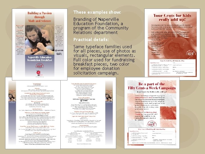 These examples show: Branding of Naperville Education Foundation, a program of the Community Relations