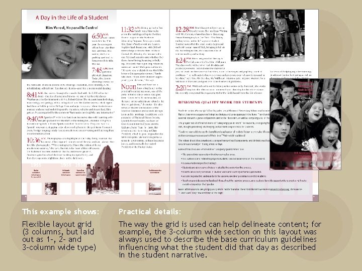 This example shows: Practical details: Flexible layout grid (3 columns, but laid out as