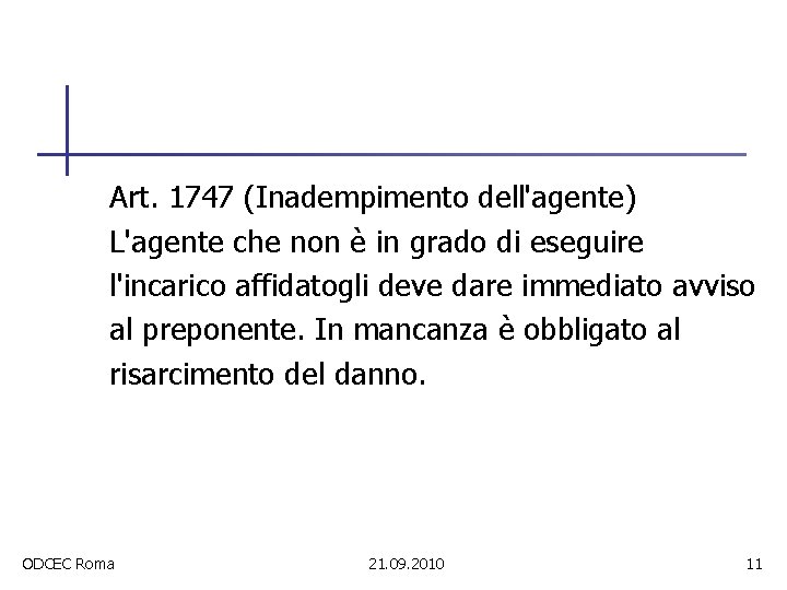 Art. 1747 (Inadempimento dell'agente) L'agente che non è in grado di eseguire l'incarico affidatogli