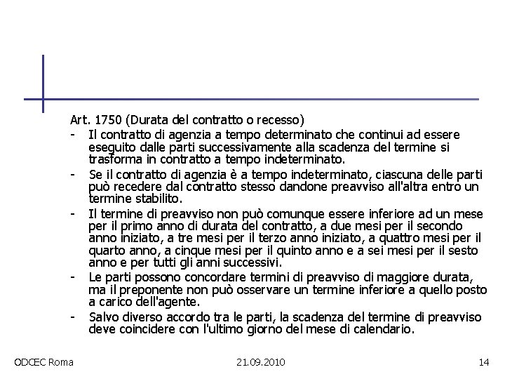 Art. 1750 (Durata del contratto o recesso) - Il contratto di agenzia a tempo