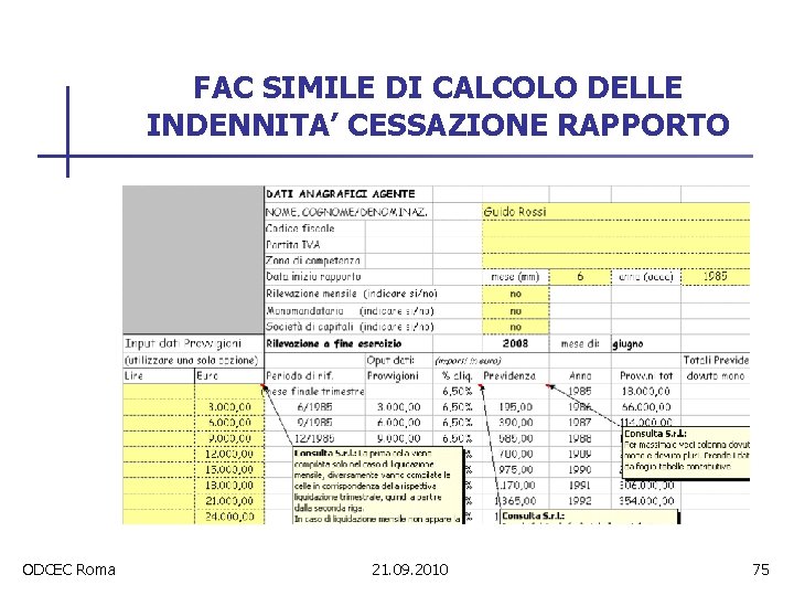 FAC SIMILE DI CALCOLO DELLE INDENNITA’ CESSAZIONE RAPPORTO ODCEC Roma 21. 09. 2010 75