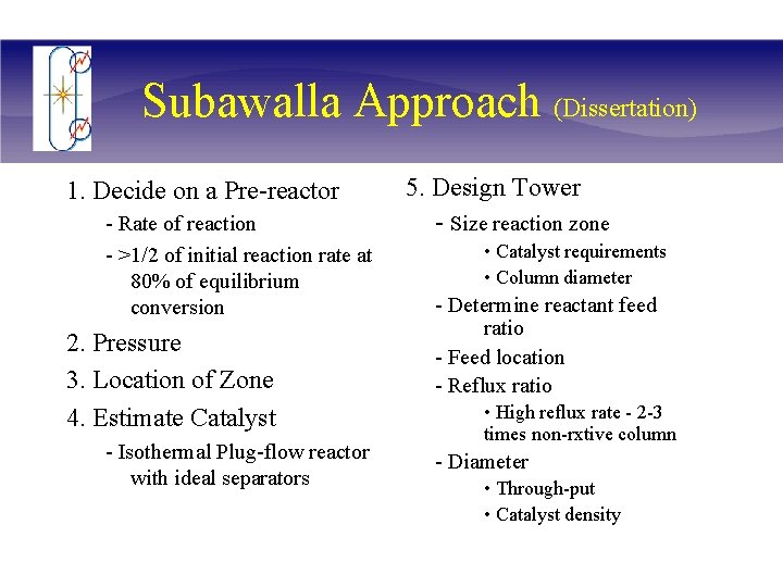 Subawalla Approach (Dissertation) 1. Decide on a Pre-reactor - Rate of reaction - >1/2