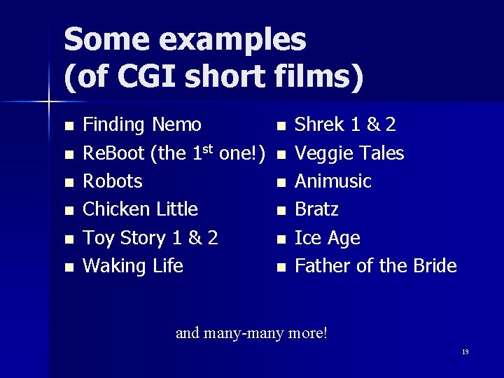 Some examples (of CGI short films) n n n Finding Nemo Re. Boot (the