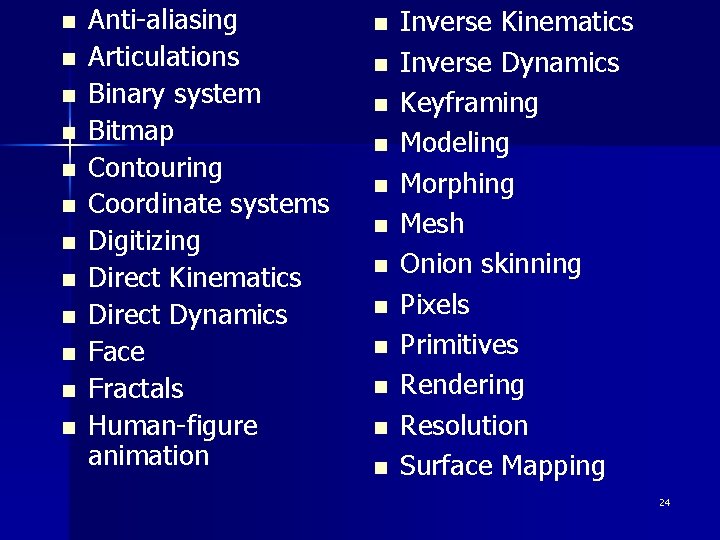 n n n Anti-aliasing Articulations Binary system Bitmap Contouring Coordinate systems Digitizing Direct Kinematics