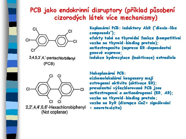 PCB jako endokrinní disruptory (příklad působení cizorodých látek více mechanismy) Koplanární PCB: induktory Ah.