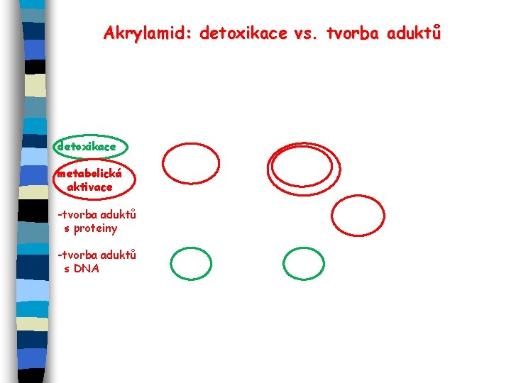Akrylamid: detoxikace vs. tvorba aduktů detoxikace metabolická aktivace -tvorba aduktů s proteiny -tvorba aduktů