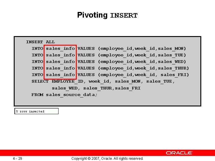 Pivoting INSERT ALL INTO sales_info VALUES (employee_id, week_id, sales_MON) INTO sales_info VALUES (employee_id, week_id,