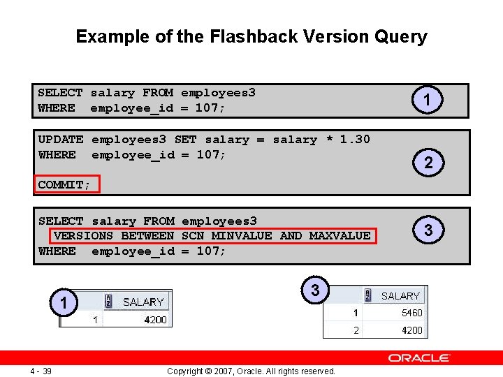 Example of the Flashback Version Query SELECT salary FROM employees 3 WHERE employee_id =