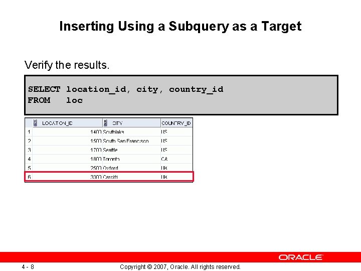 Inserting Using a Subquery as a Target Verify the results. SELECT location_id, city, country_id