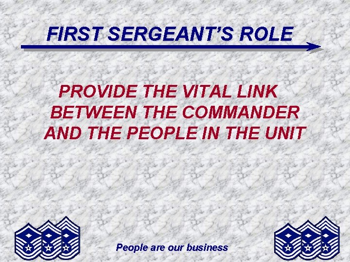 FIRST SERGEANT’S ROLE PROVIDE THE VITAL LINK BETWEEN THE COMMANDER AND THE PEOPLE IN