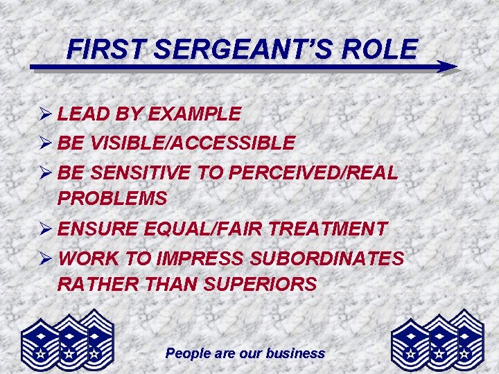 FIRST SERGEANT’S ROLE Ø LEAD BY EXAMPLE Ø BE VISIBLE/ACCESSIBLE Ø BE SENSITIVE TO