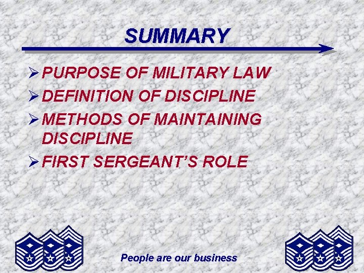 SUMMARY Ø PURPOSE OF MILITARY LAW Ø DEFINITION OF DISCIPLINE Ø METHODS OF MAINTAINING