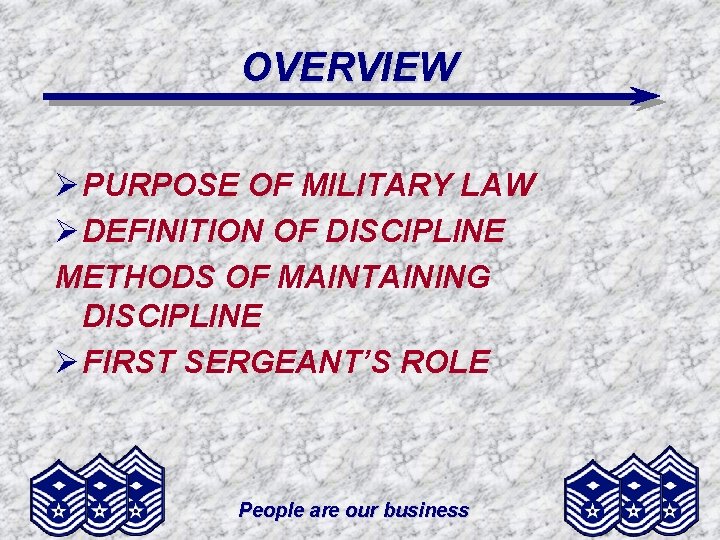 OVERVIEW Ø PURPOSE OF MILITARY LAW Ø DEFINITION OF DISCIPLINE METHODS OF MAINTAINING DISCIPLINE