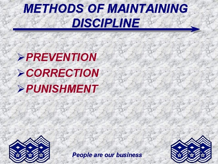 METHODS OF MAINTAINING DISCIPLINE ØPREVENTION ØCORRECTION ØPUNISHMENT People are our business 