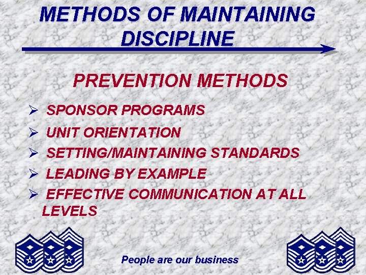 METHODS OF MAINTAINING DISCIPLINE PREVENTION METHODS Ø SPONSOR PROGRAMS Ø Ø UNIT ORIENTATION SETTING/MAINTAINING