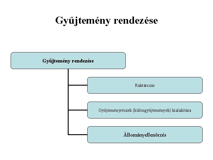 Gyűjtemény rendezése Raktározás Gyűjteményrészek (különgyűjtemények) kialakítása Állományellenőrzés 