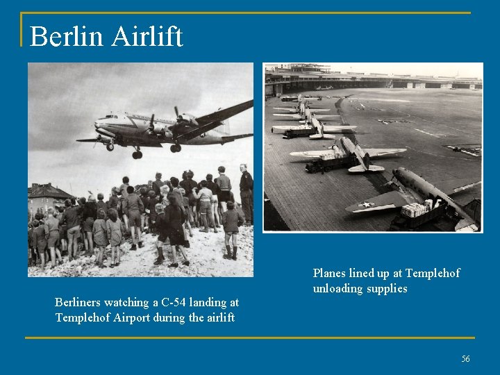 Berlin Airlift Planes lined up at Templehof unloading supplies Berliners watching a C-54 landing