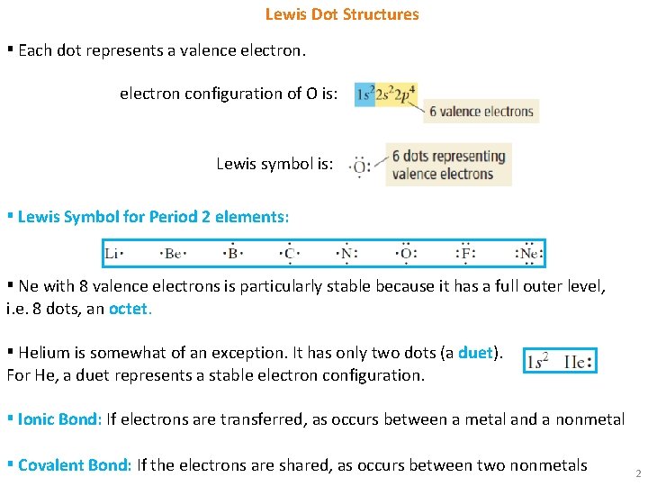 Lewis Dot Structures ▪ Each dot represents a valence electron configuration of O is: