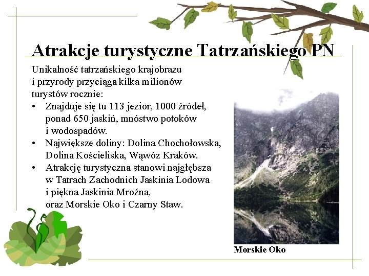 Atrakcje turystyczne Tatrzańskiego PN Unikalność tatrzańskiego krajobrazu i przyrody przyciąga kilka milionów turystów rocznie: