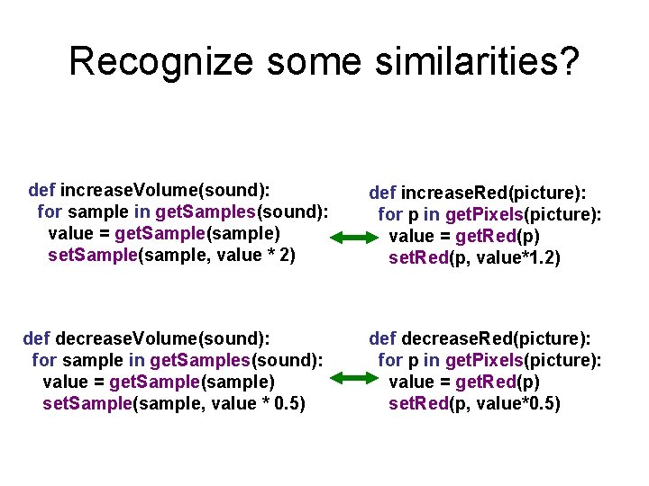 Recognize some similarities? def increase. Volume(sound): for sample in get. Samples(sound): value = get.