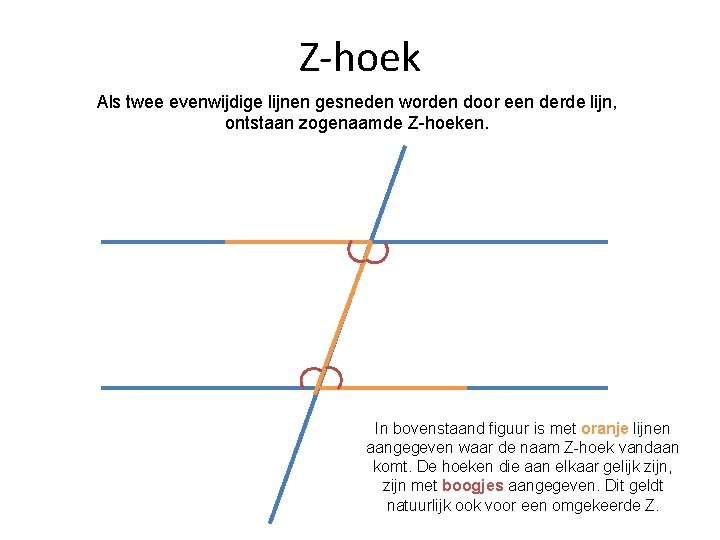 Z-hoek Als twee evenwijdige lijnen gesneden worden door een derde lijn, ontstaan zogenaamde Z-hoeken.