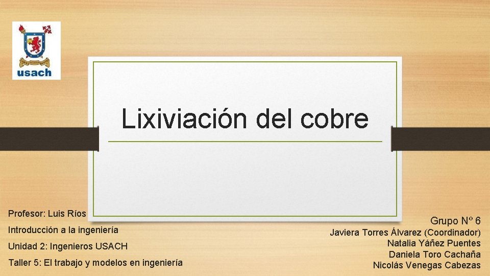 Lixiviación del cobre Profesor: Luis Ríos Introducción a la ingeniería Unidad 2: Ingenieros USACH