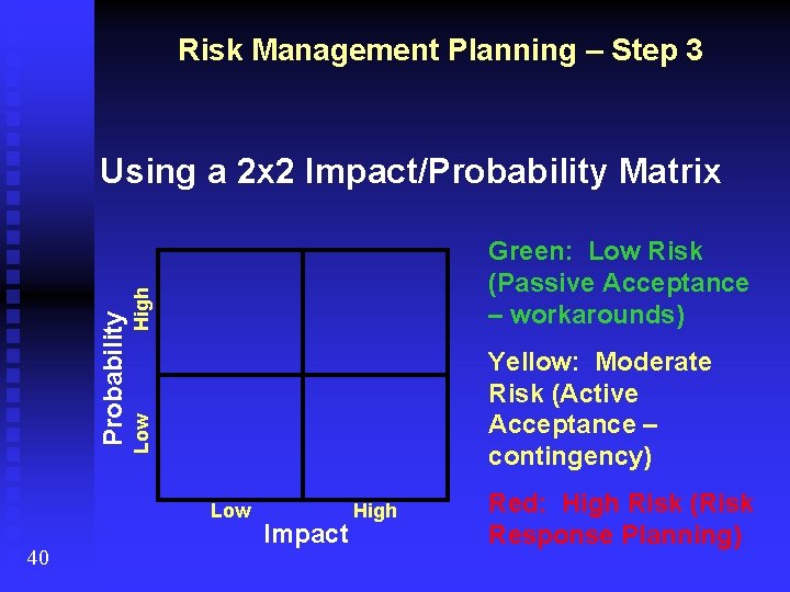 Risk Management Planning – Step 3 High Green: Low Risk (Passive Acceptance – workarounds)